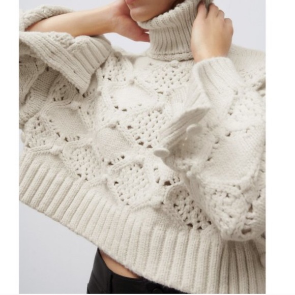 Zara oversized Turtleneck Pom Pom Cable Knit Sweater - Picture 3 of 10